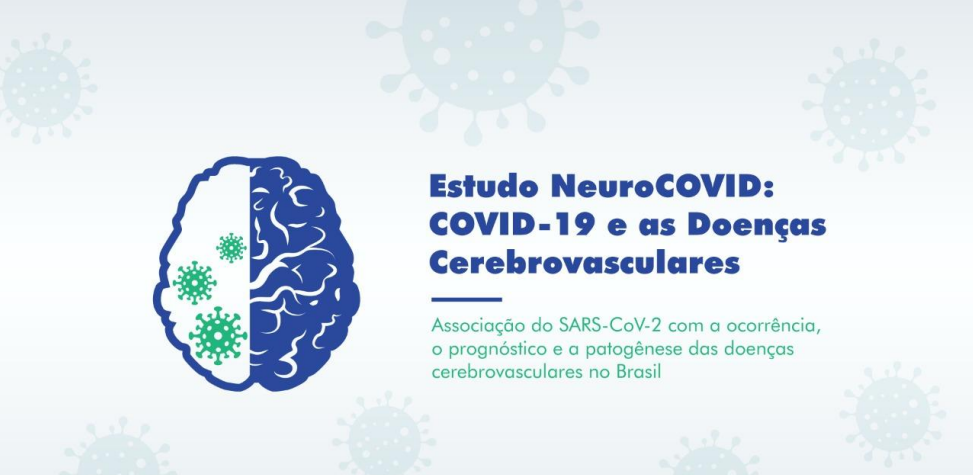 Banner horizontal com fundo azul claro com ilustrações de vírus. Ao centro, ilustração de cérebro humano com a metade esquerda preenchida por vírus. Ao lado, o texto "Estudo NeuroCovid:COVID-19 e as doenças cérebro vasculares".