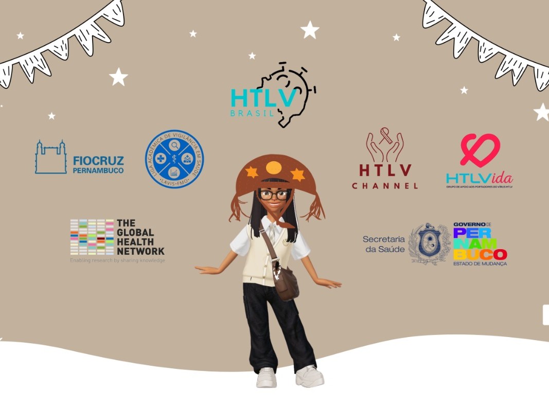Banner do Simpósio HTLV com a mascote virtual SUSete no centro e logos de colaboradores ao redor.