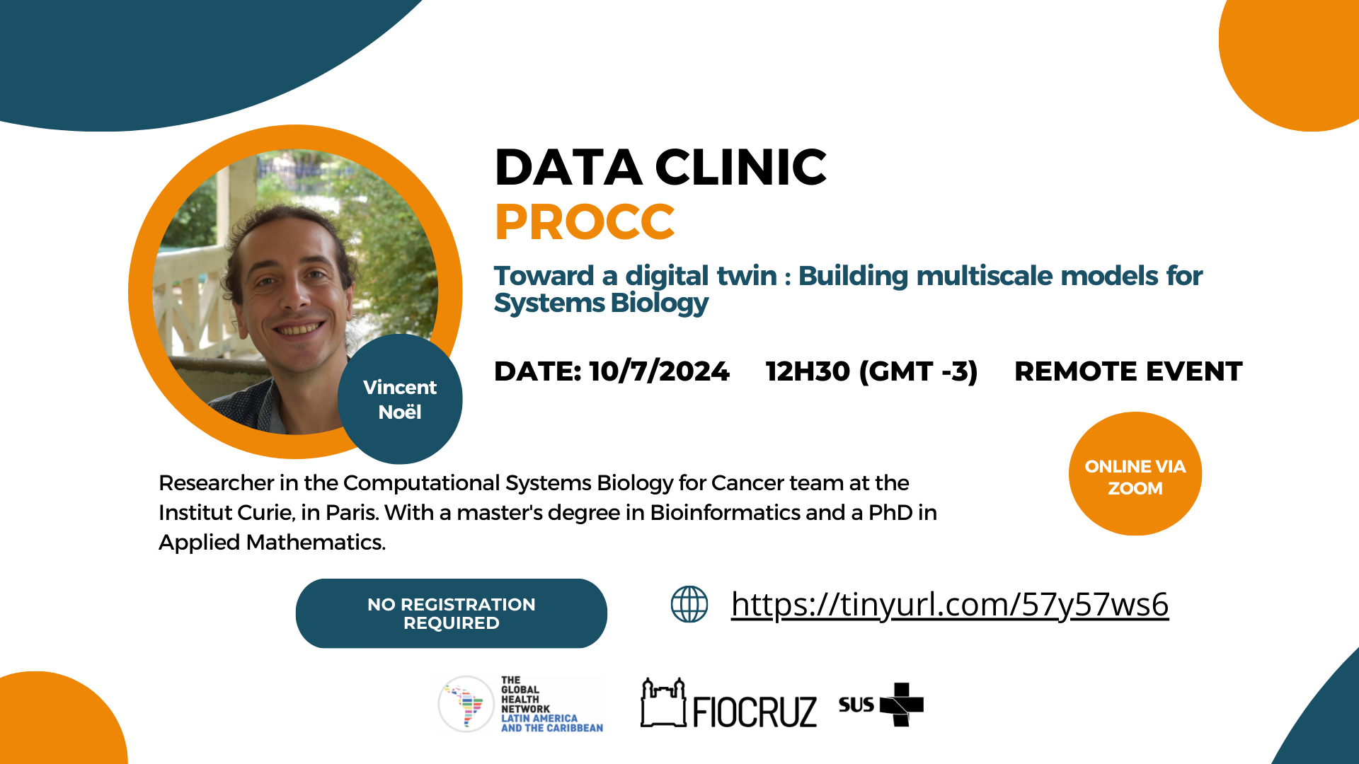 Invitation card for PROCC data clinic on July 10th, 12:30 pm (GMT -3) with Vincent Noel from Institut Curie