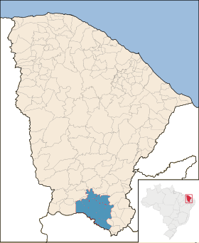 Mapa de Ceará (Brasil) y la región de Cariri en azul.