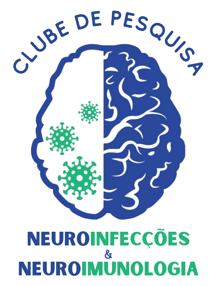 Logo do Clube. Ilustração de um cérebro em azul. A metade esquerda tem três vírus em verde. O cérebro é envolvido por "Clube de Pesquisa Neuroimunologia & Neuroinfecções"