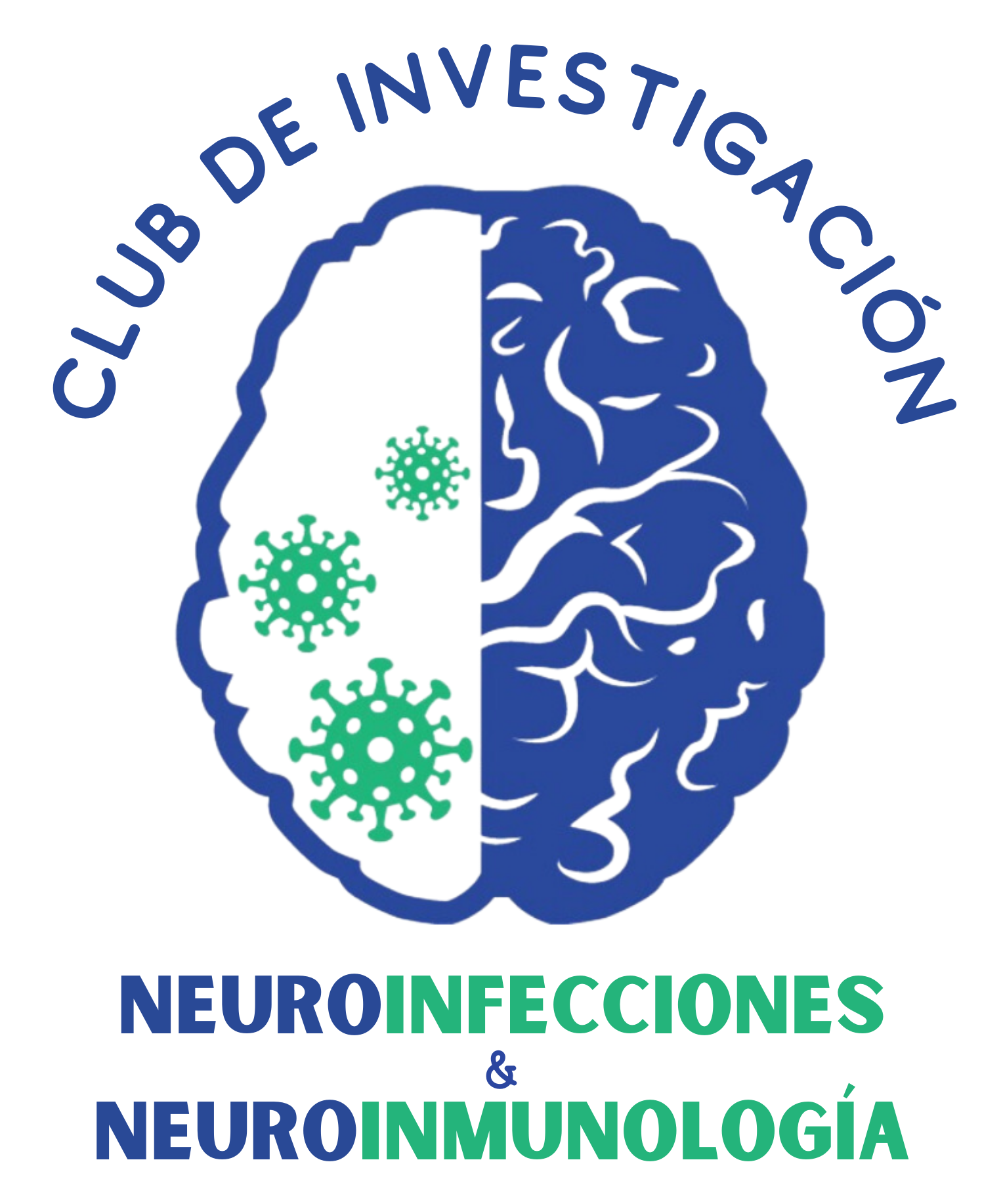 Logo del Club. Ilustración de un cerebro azul. La mitad izquierda tiene tres virus en verde. El cerebro está rodeado por el texto