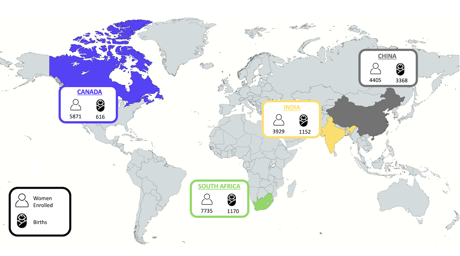 World map indicating number of participants and births in Canada, China, India and South Africa