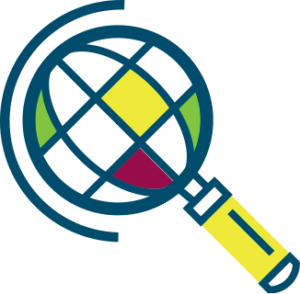 An graphic of a magnifying glass with a stylised globe inside it.