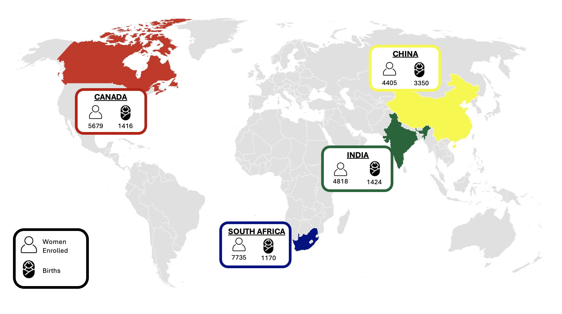 World map indicating number of participants and births in Canada, China, India and South Africa