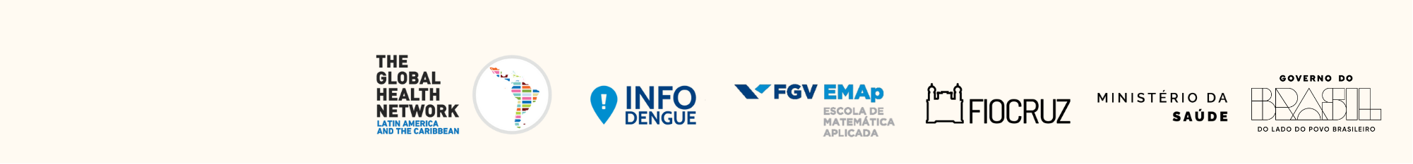 Logos TGHN LAC, Infodengue, FGV EMAP, Fiocruz, Minist&eacute;rio da Sa&uacute;de e Governo federal
