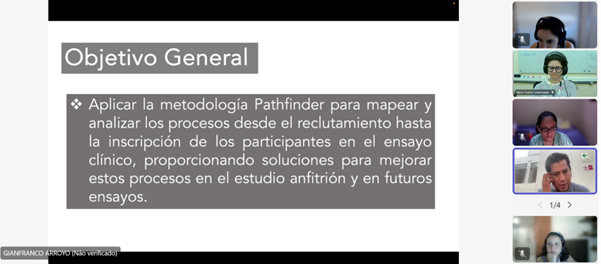 Captura de la pantalla de la sesi&oacute;n con una diapositiva de presentaci&oacute;n y 5 participantes en la derecha.