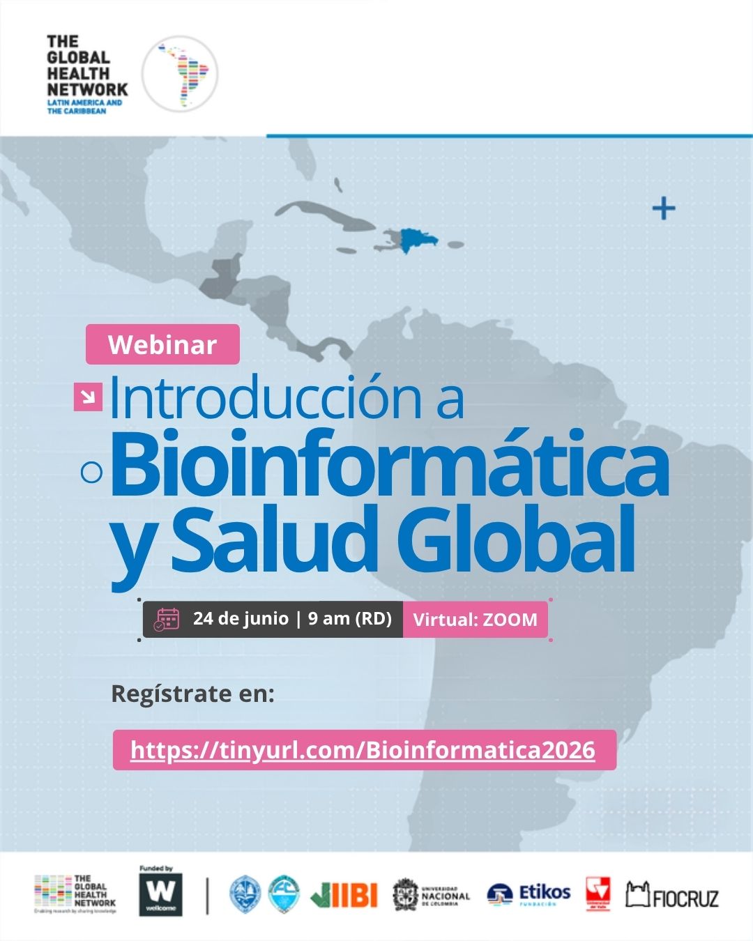 Flyer del webinar Introducci&oacute;n a la Bioinform&aacute;tica y Salud Global