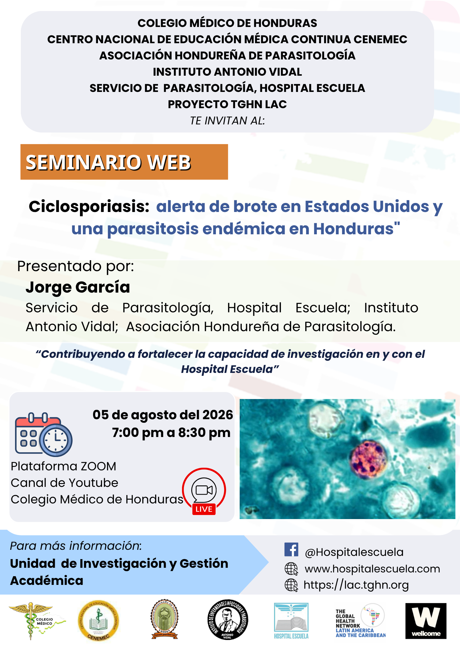 Afiche del webinario sobre alerta de brote en Estados Unidos y parasitosis end&eacute;mica en Honduras